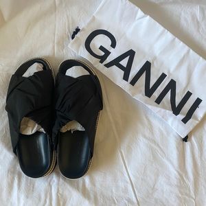 Ganni Black Crossover Fabric Leather Womens Slip On Slide Sandal Size EU 41